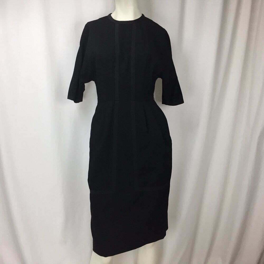 Vintage MISS BONWIT TELLER Black Short Sleeve Structured Dress Pockets Sz M